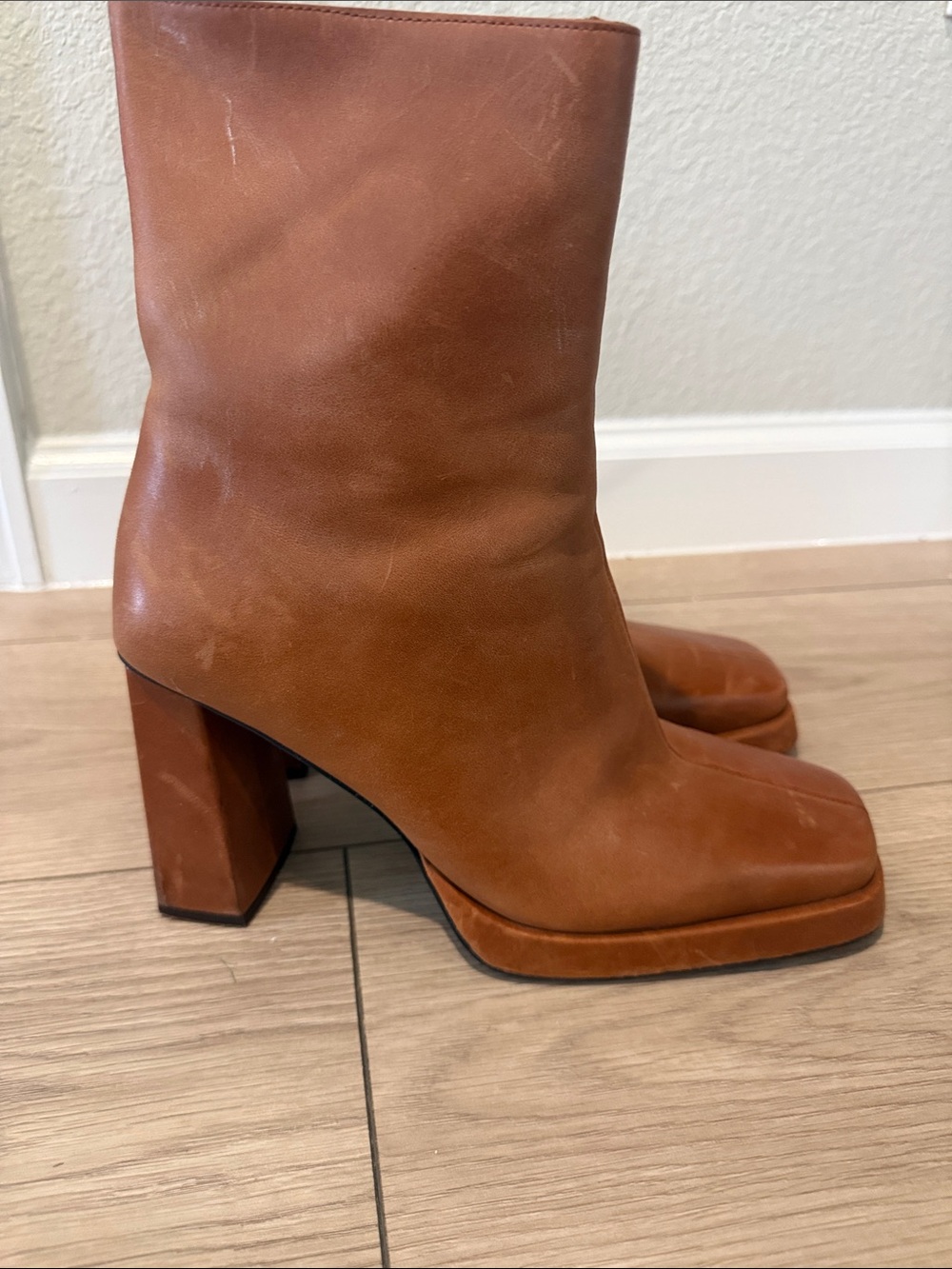 Jeffrey Campbell Leather Mid-Calf Block Heel Boots in Brown Size 9.5